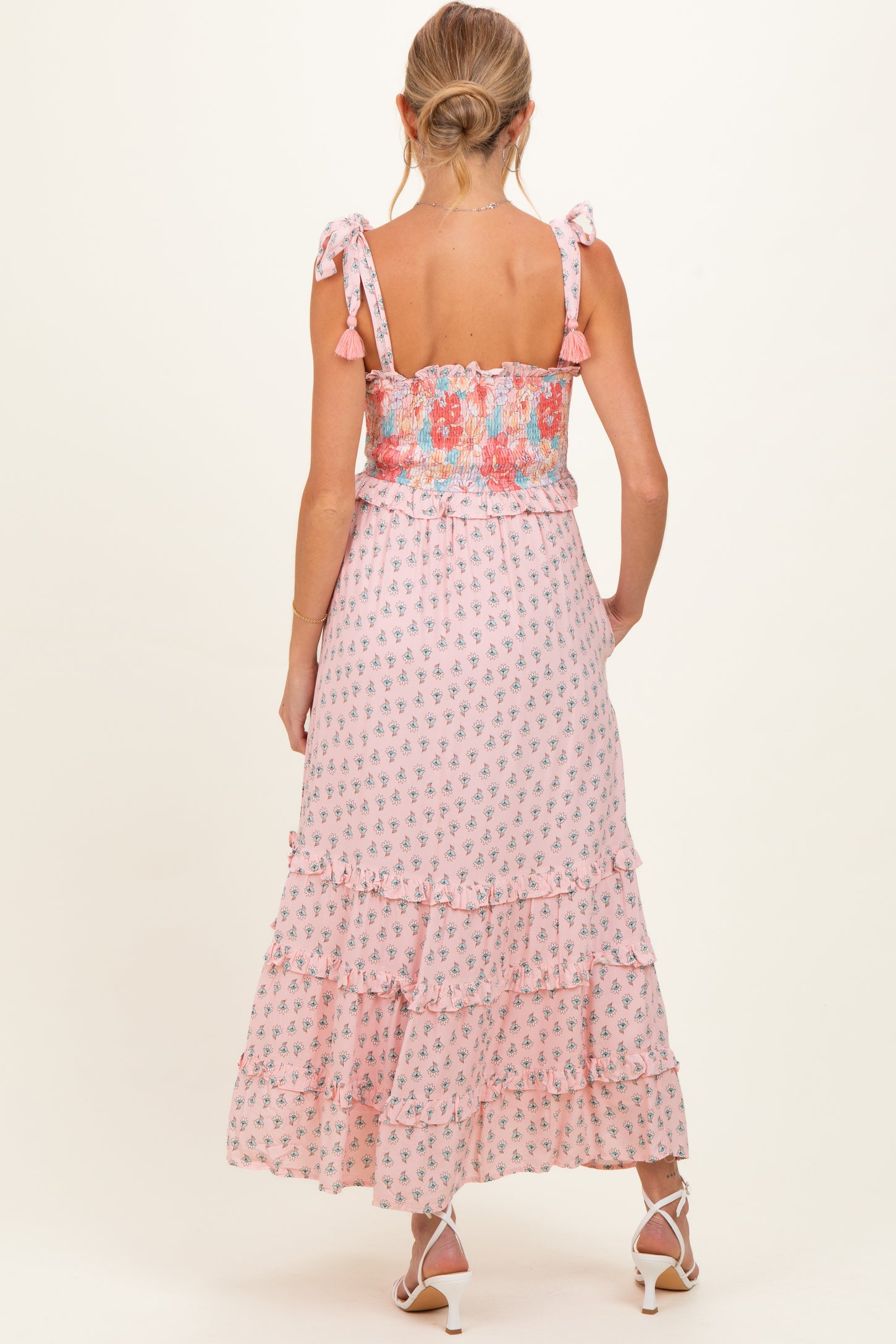 Pink Peach Multi Floral Smocked Maternity Midi Dress
