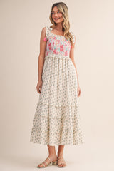 Off White Multi Floral Smocked Maternity Midi Dress