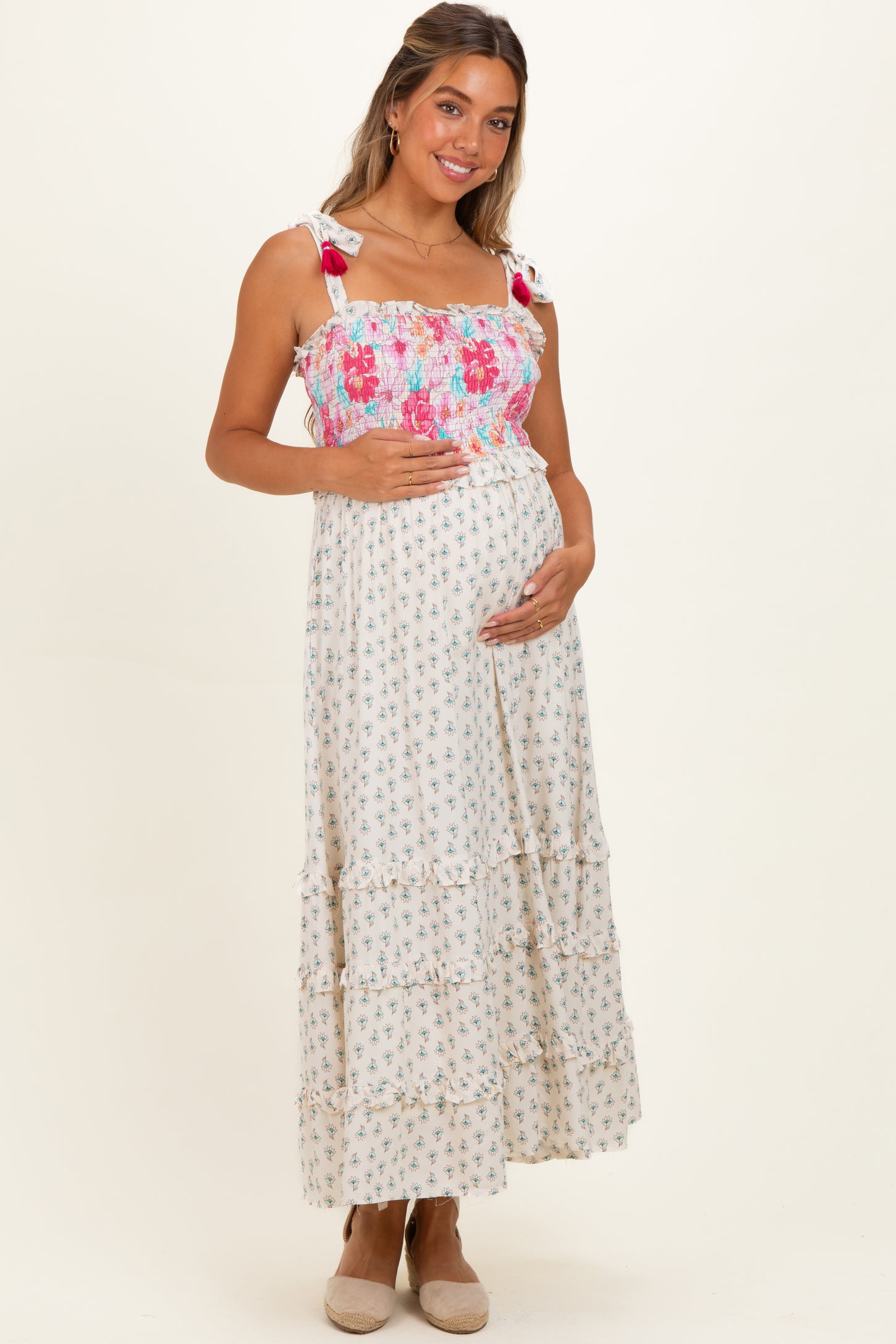 Off White Multi Floral Smocked Maternity Midi Dress