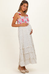 Off White Multi Floral Smocked Maternity Midi Dress
