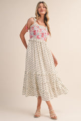 Off White Multi Floral Smocked Midi Dress