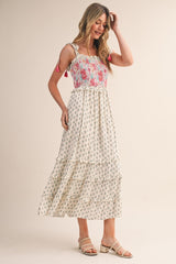 Off White Multi Floral Smocked Midi Dress