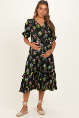 Black Floral Belted Tiered Maternity Midi Dress
