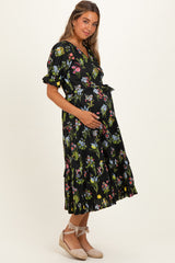 Black Floral Belted Tiered Maternity Midi Dress