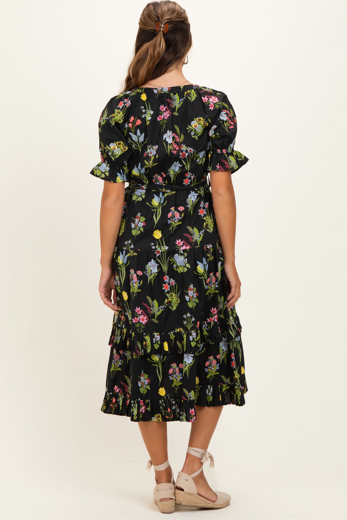 Black Floral Belted Tiered Maternity Midi Dress