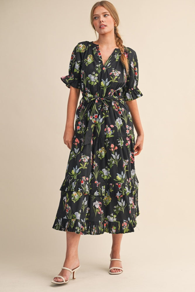 Black Floral Belted Tiered Midi Dress