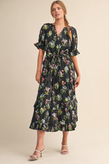 Black Floral Belted Tiered Midi Dress