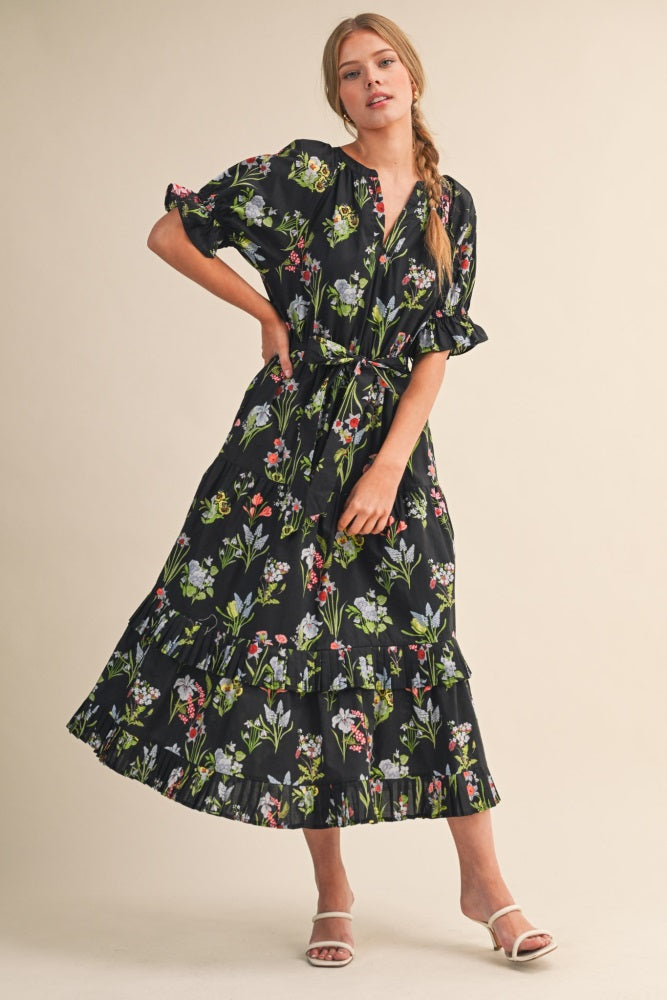 Black Floral Belted Tiered Midi Dress