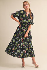 Black Floral Belted Tiered Midi Dress