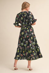 Black Floral Belted Tiered Midi Dress
