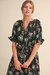 Black Floral Belted Tiered Midi Dress
