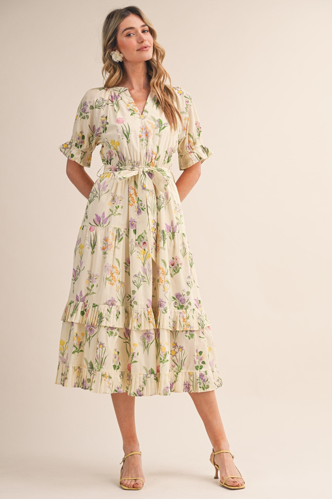 Cream Floral Belted Tiered Midi Dress