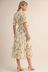 Cream Floral Belted Tiered Midi Dress