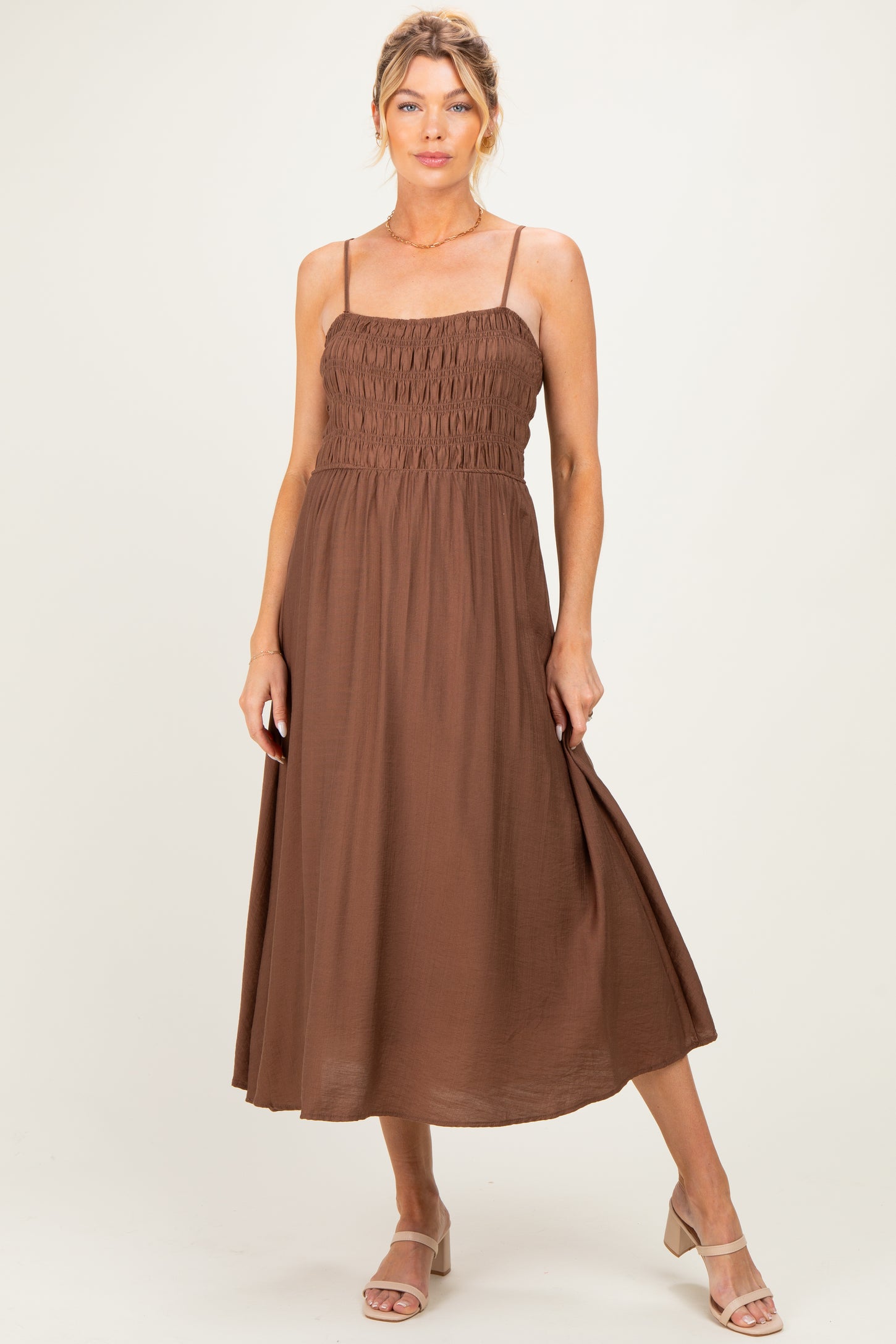 Brown Smocked Thin Strap Maternity Midi Dress