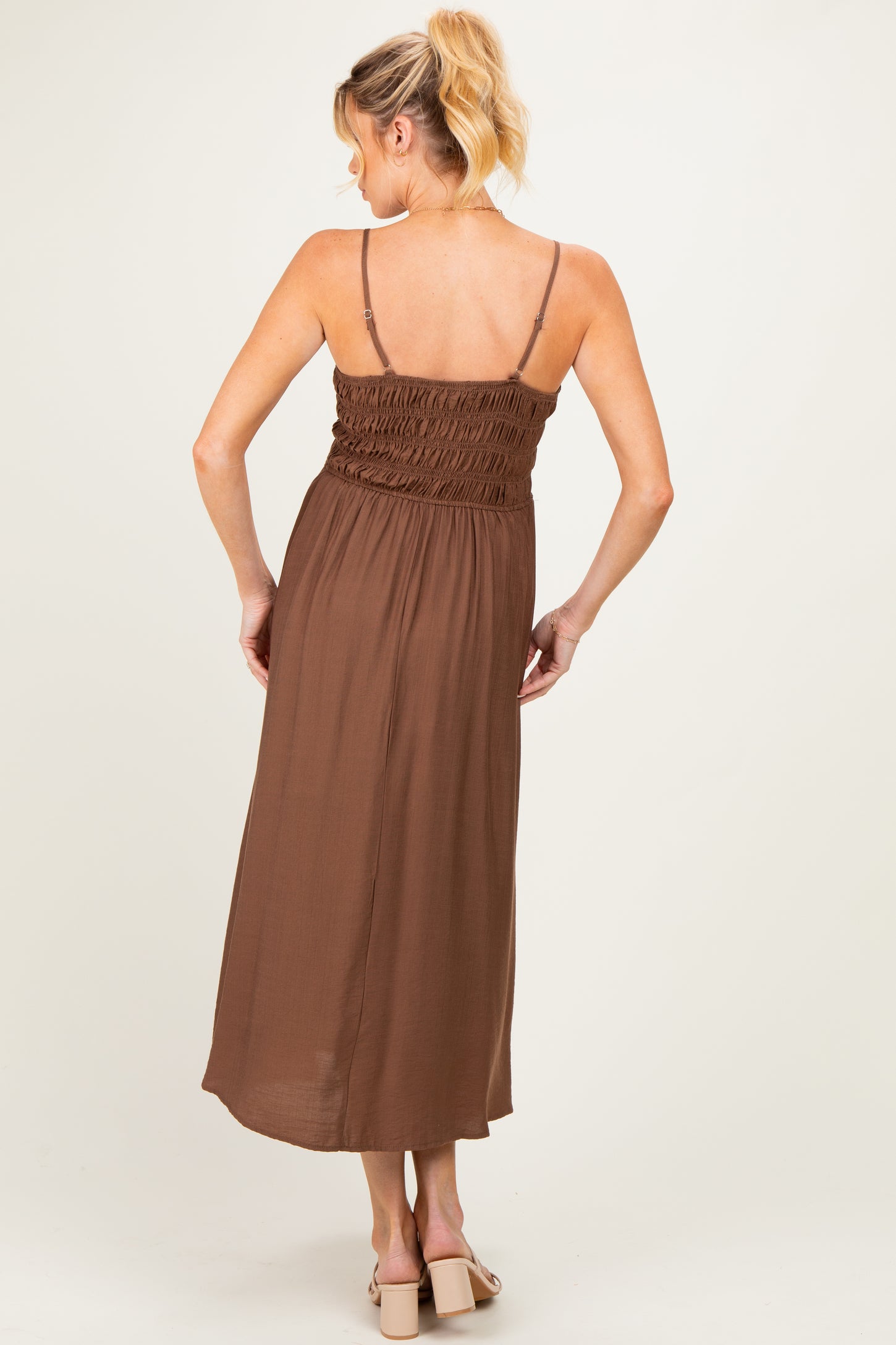 Brown Smocked Thin Strap Maternity Midi Dress
