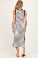 Black Striped Solid Trim Sleeveless Maternity Midi Dress