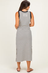 Black Striped Solid Trim Sleeveless Maternity Midi Dress