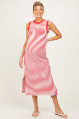 Red Striped Solid Trim Sleeveless Maternity Midi Dress