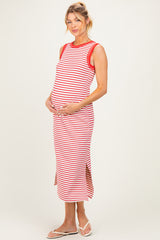 Red Striped Solid Trim Sleeveless Maternity Midi Dress