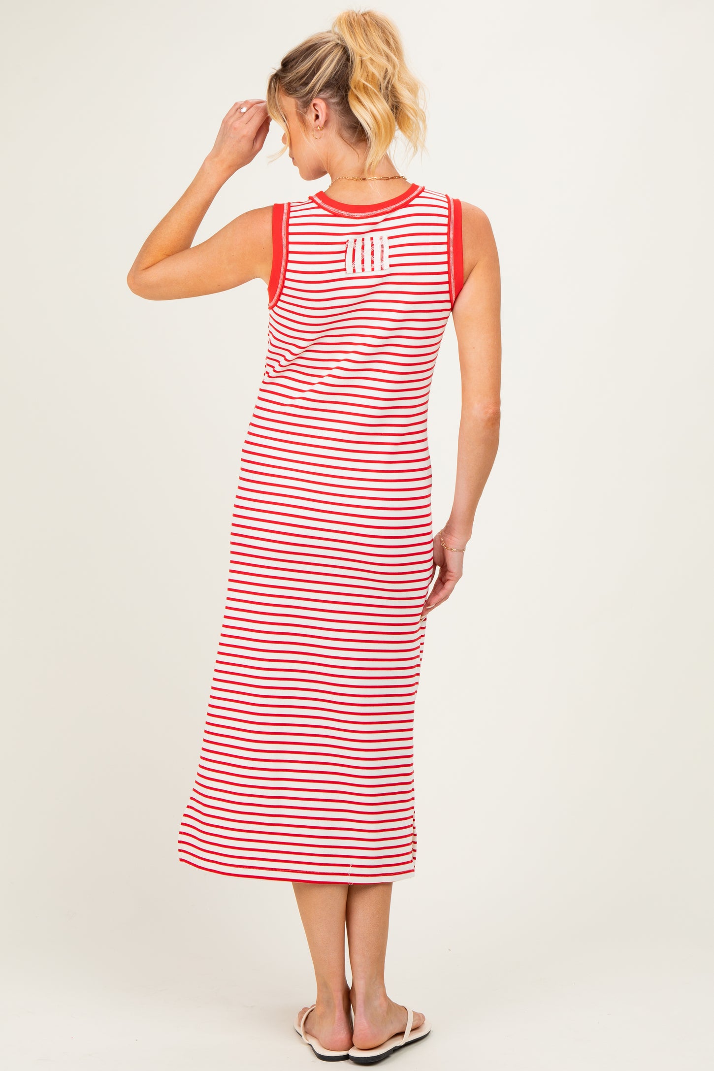 Red Striped Solid Trim Sleeveless Maternity Midi Dress
