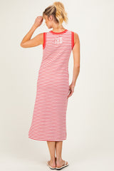 Red Striped Solid Trim Sleeveless Maternity Midi Dress