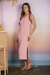 Red Striped Solid Trim Sleeveless Midi Dress