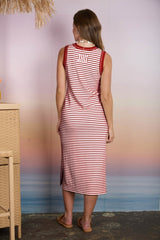Red Striped Solid Trim Sleeveless Midi Dress