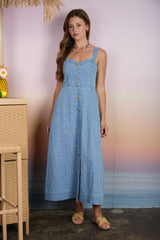 Light Denim Floral Button Down Midi Dress