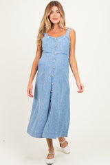 Light Denim Floral Button Down Maternity Midi Dress