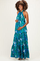 Green Printed Open Cross Back Maternity Maxi Dress