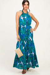 Green Printed Open Cross Back Maternity Maxi Dress