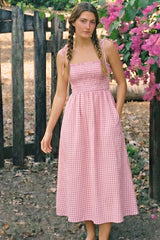 Pink Gingham Smocked Midi Dress