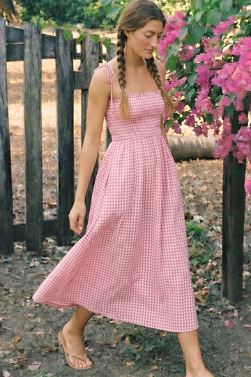 Pink Gingham Smocked Midi Dress