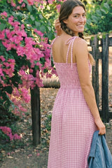 Pink Gingham Smocked Midi Dress