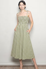 Olive Gingham Smocked Midi Dress