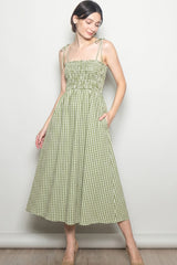 Olive Gingham Smocked Midi Dress