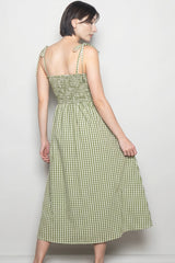 Olive Gingham Smocked Midi Dress