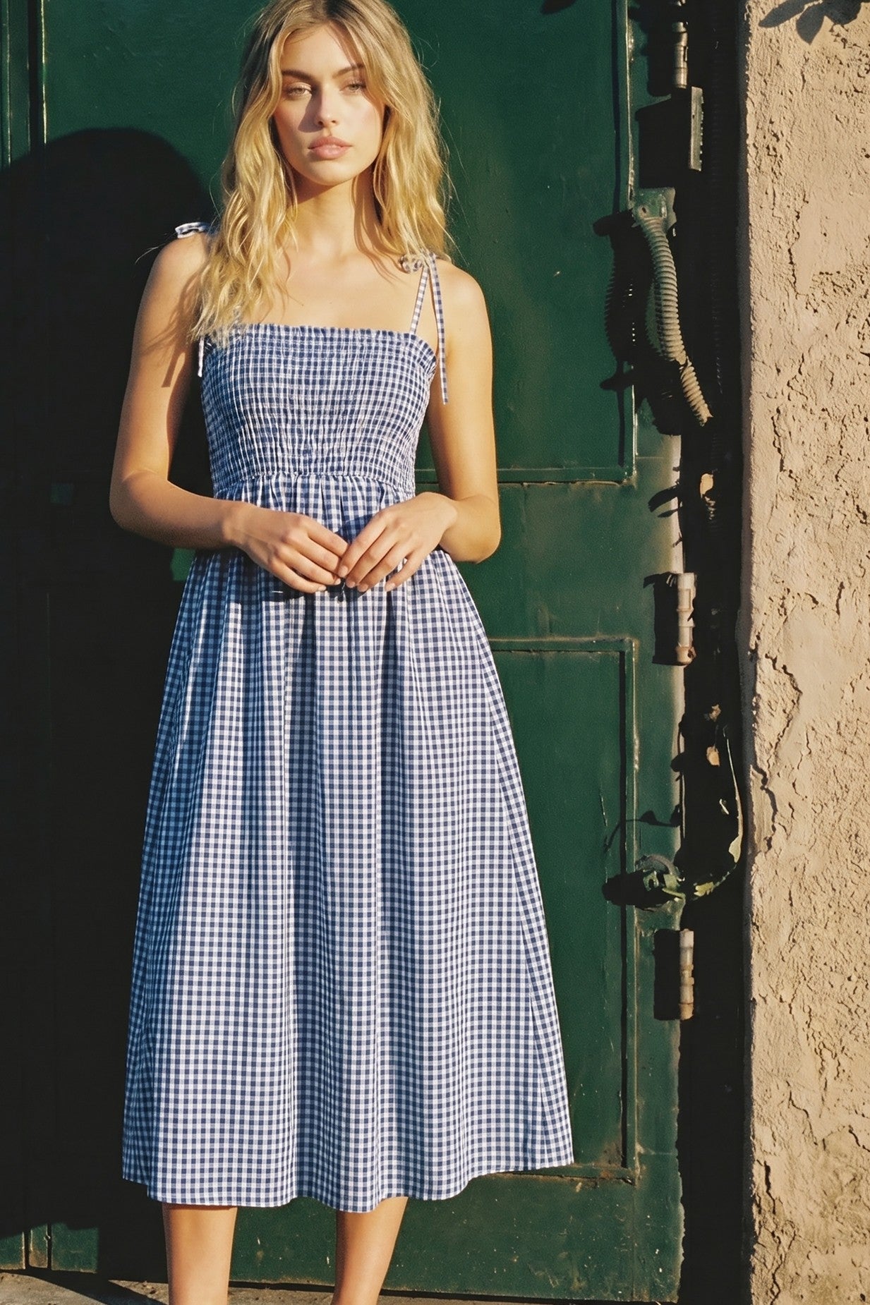 Blue Gingham Smocked Midi Dress