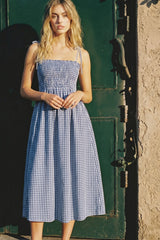 Blue Gingham Smocked Midi Dress