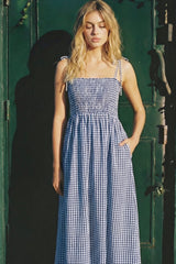 Blue Gingham Smocked Midi Dress