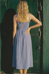 Blue Gingham Smocked Midi Dress