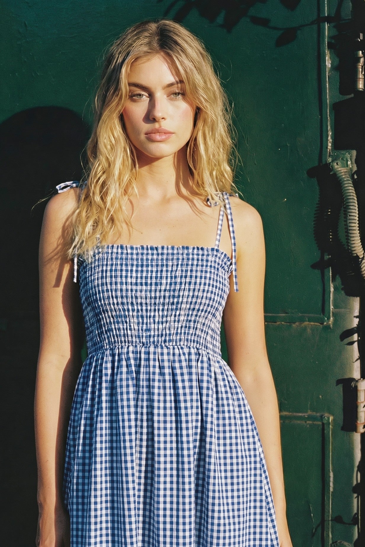 Blue Gingham Smocked Midi Dress