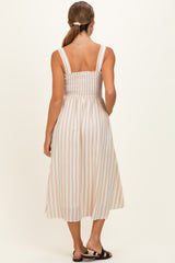 Khaki Striped Smocked Sleeveless Maternity Midi Dress