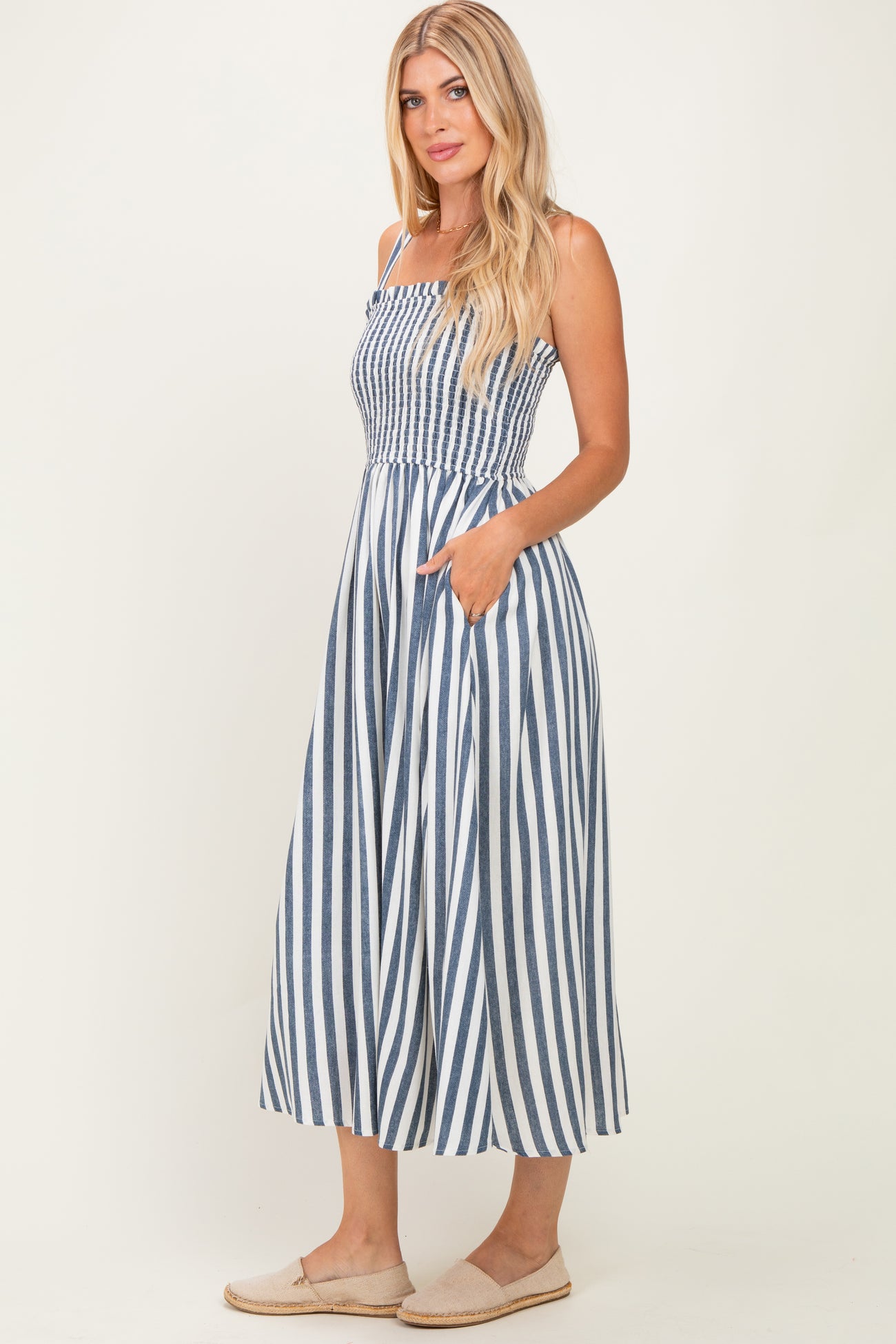 Navy Striped Smocked Sleeveless Midi Dress
