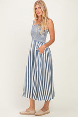Navy Striped Smocked Sleeveless Midi Dress
