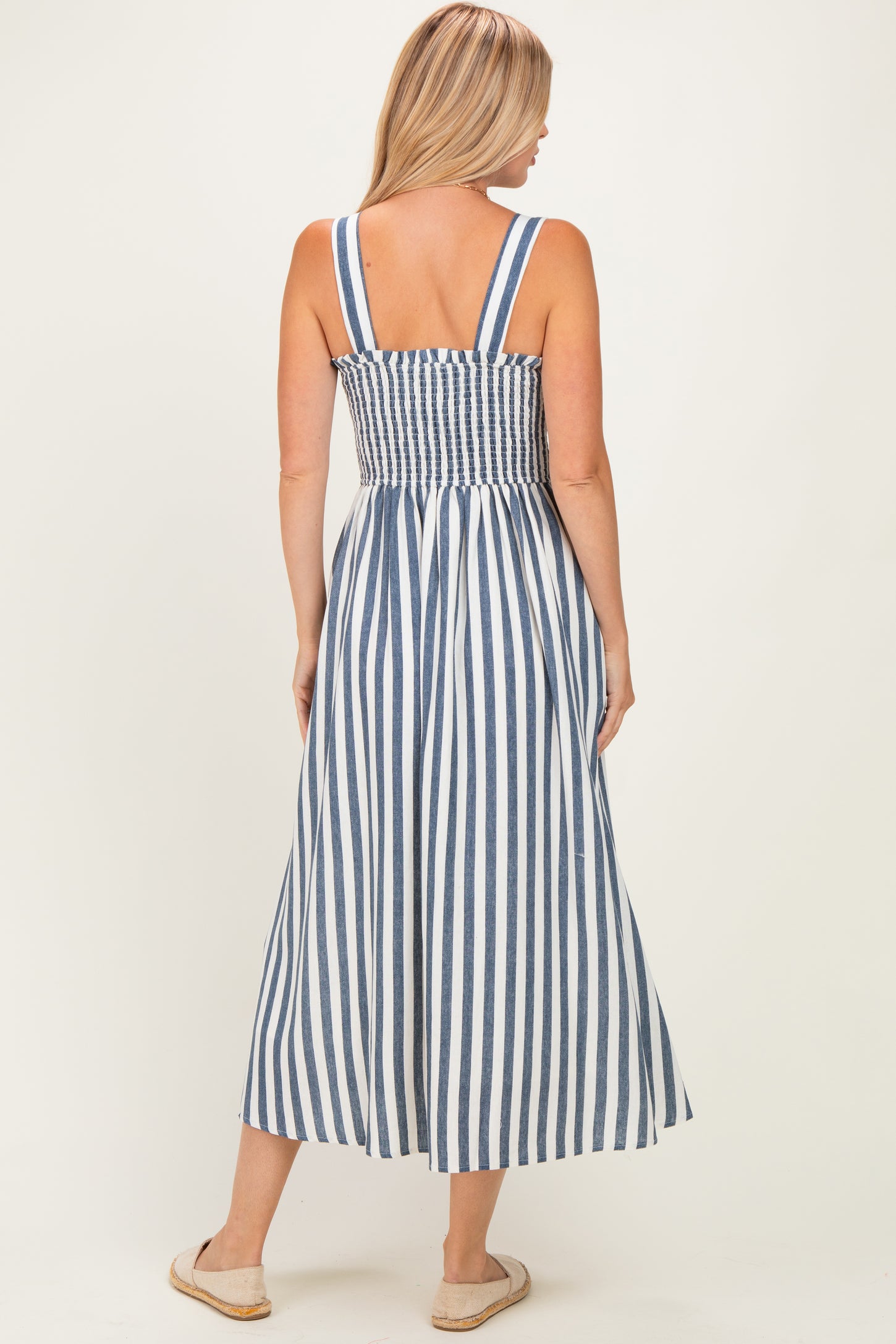 Navy Striped Smocked Sleeveless Midi Dress