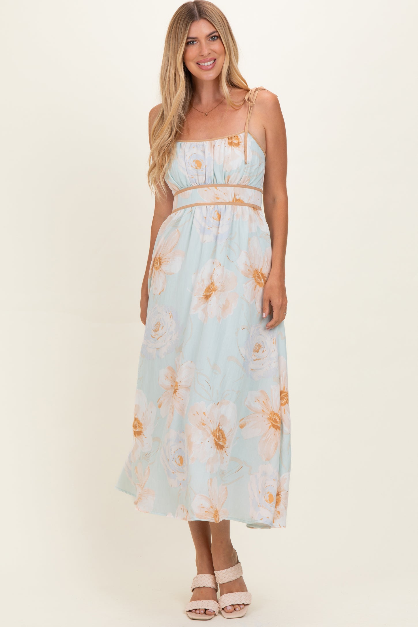 Blue Watercolor Floral Shoulder Tie Midi Dress