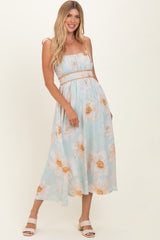Blue Watercolor Floral Shoulder Tie Midi Dress