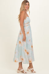 Blue Watercolor Floral Shoulder Tie Midi Dress