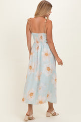 Blue Watercolor Floral Shoulder Tie Midi Dress